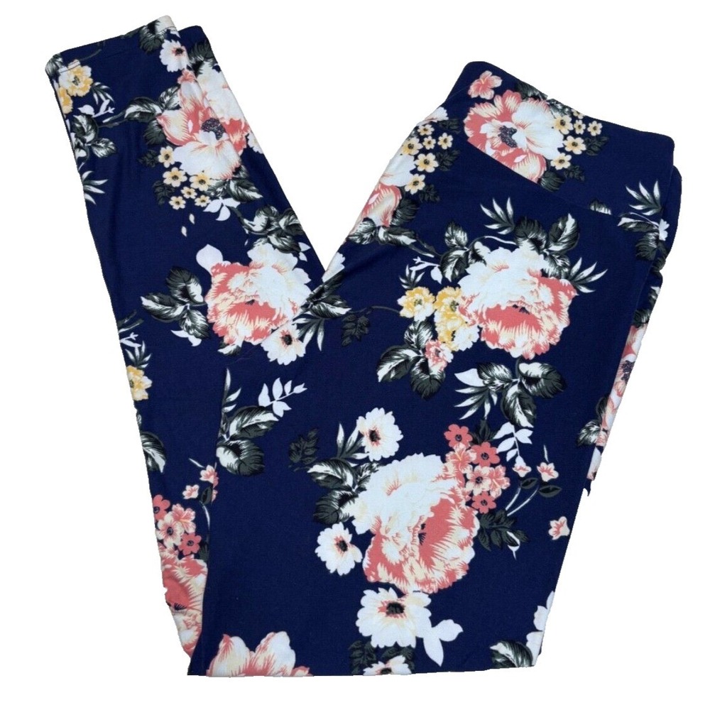 LuLaRoe Womens Leggings Size TC Navy Blue Roses Floral Tall and Curvy NWT
